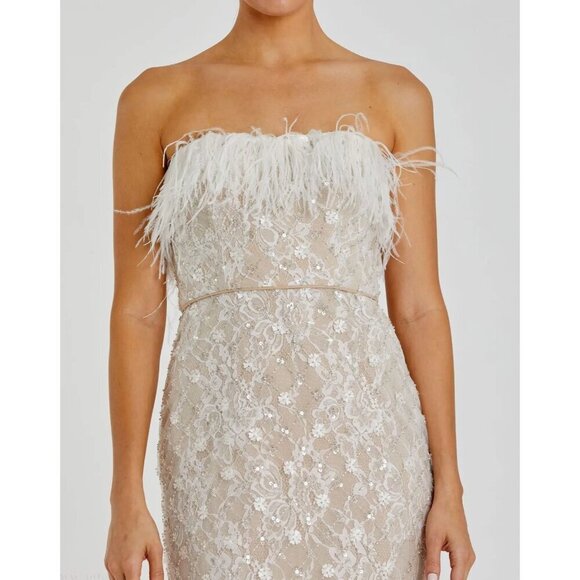 NWT Mac Duggal 68140 White Embellished Feather Strapless Column Dress Size 2 - Picture 2 of 11